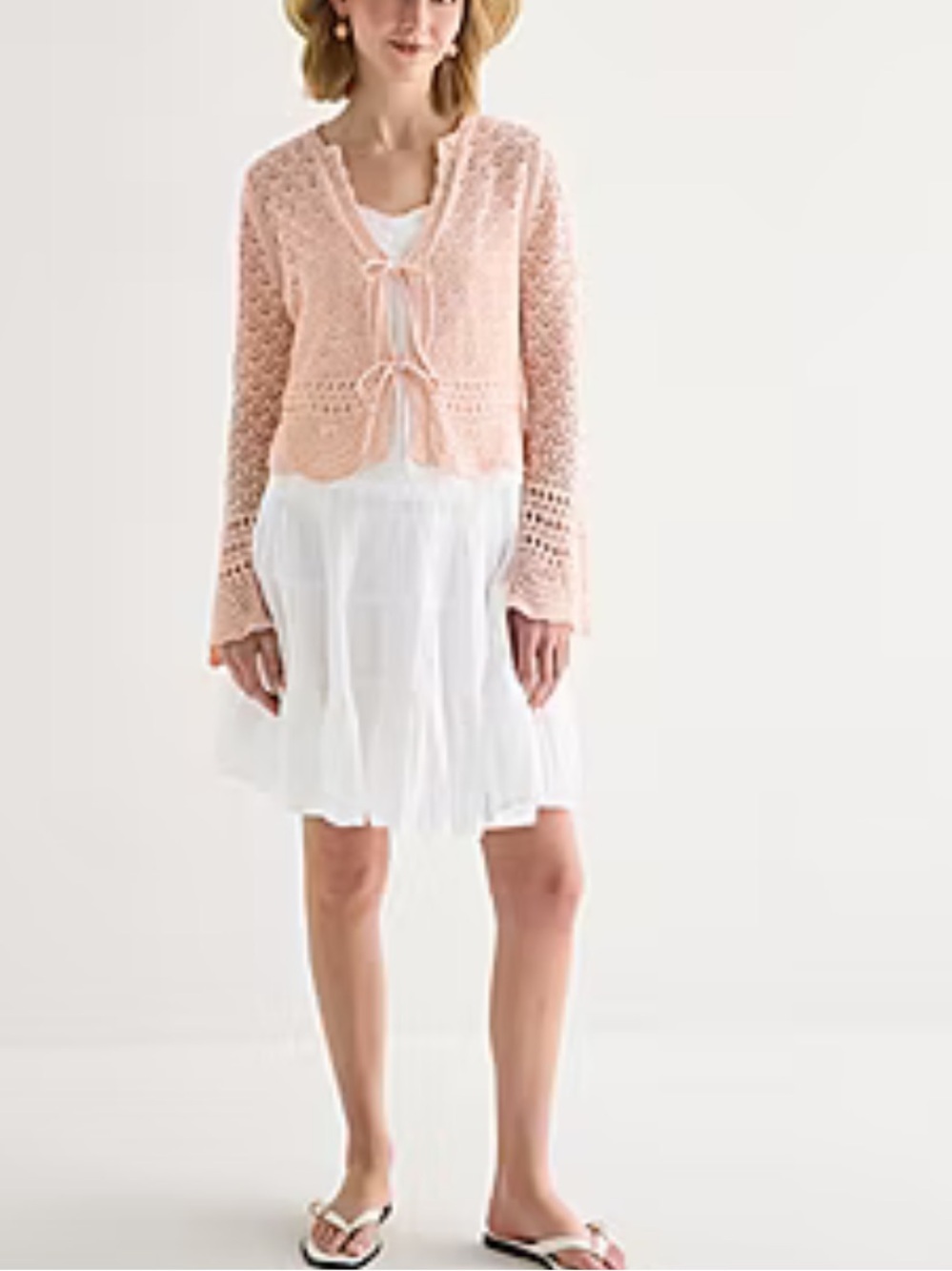 Crochet Bell Sleeve Sweater Front Tie Closure Light Pink Size Large Cotton Knit - Picture 6 of 12
